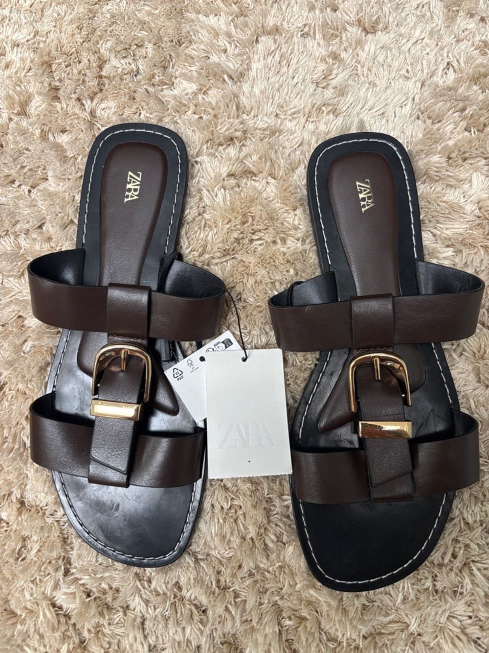 Zara Dark Brown Leather Buckle Slide Sandals with Gold Hardware 8.5 (39) NWT